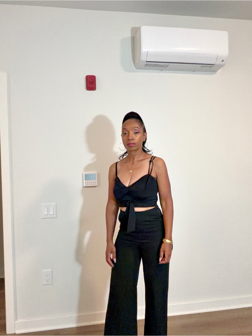 Black Two-Piece Tie-Front Crop Top and Wide-Leg Pants Set